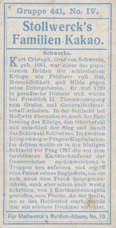 1908 Stollwerck Album 10 Gruppe 441 Helden aud der Zeit Friedrichs des Grossen (Heroes from the Time of Fredrich the Great)  #IV Schwerin Back