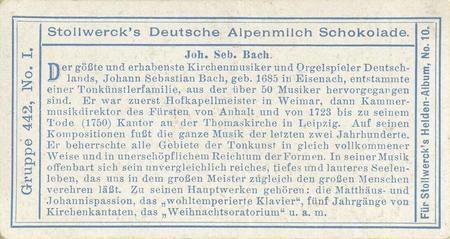 1908 Stollwerck Album 10 Gruppe 442 Aeltere deutsche Meister der Tonkunst (Old German Masters of Music)  #I Johann Sebastian Bach Back