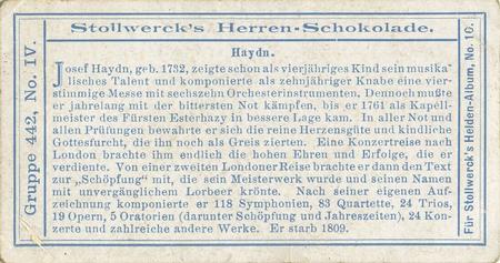 1908 Stollwerck Album 10 Gruppe 442 Aeltere deutsche Meister der Tonkunst (Old German Masters of Music)  #IV Joseph Haydn Back