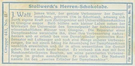 1908 Stollwerck Album 10 Gruppe 443 Grosse Staatsmanner, Kriegs- und Geisteshelden (Great Statesman, War and Spiritual Heroes)  #II James Watt Back