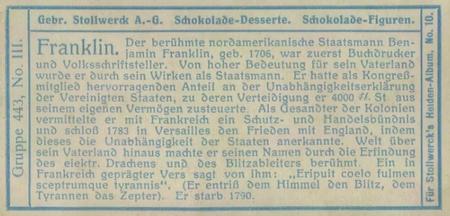 1908 Stollwerck Album 10 Gruppe 443 Grosse Staatsmanner, Kriegs- und Geisteshelden (Great Statesman, War and Spiritual Heroes)  #III Franklin Back