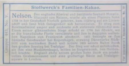 1908 Stollwerck Album 10 Gruppe 443 Grosse Staatsmanner, Kriegs- und Geisteshelden (Great Statesman, War and Spiritual Heroes)  #V Nelson Back