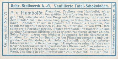 1908 Stollwerck Album 10 Gruppe 443 Grosse Staatsmanner, Kriegs- und Geisteshelden (Great Statesman, War and Spiritual Heroes)  #VI Humboldt Back
