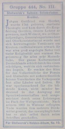 1908 Stollwerck Album 10 Gruppe 444 Deutsche Klassiker (German Classics)  #III Herder Back
