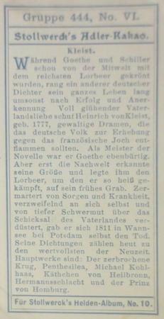 1908 Stollwerck Album 10 Gruppe 444 Deutsche Klassiker (German Classics)  #VI Kleist Back