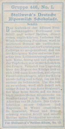 1908 Stollwerck Album 10 Gruppe 446 Freiheitshelden (National Heroes)  #I Schill Back