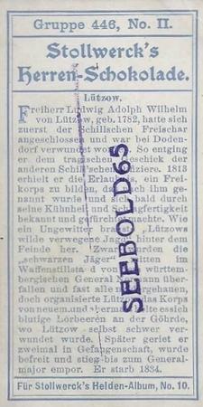 1908 Stollwerck Album 10 Gruppe 446 Freiheitshelden (National Heroes)  #II Lutzow Back