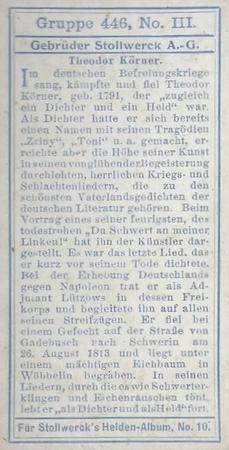 1908 Stollwerck Album 10 Gruppe 446 Freiheitshelden (National Heroes)  #III Theodor Korner Back
