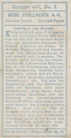 1908 Stollwerck Album 10 Gruppe 447 Berhumte Kunstler und ein koniglicher Macen (Famous Artist and a Royal Macen)  #I Ludwig I. von Bayern Back
