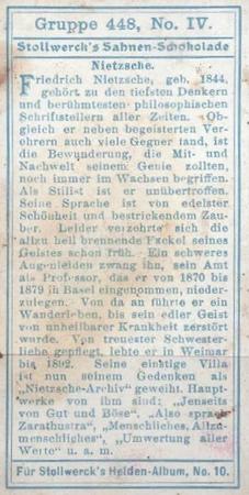 1908 Stollwerck Album 10 Gruppe 448 Grosse Genies des 19. Jahrhunderts (Great Geniuses of the 19th Century)  #IV Nietzsche Back