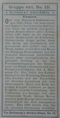1908 Stollwerck Album 10 Gruppe 449 Helden von 1870/71 (Heroes from 1870/71)  #III Bismarck Back