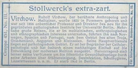 1908 Stollwerck Album 10 Gruppe 451 Beruhmte Forscher, Gelehrte und Politiker (Great Scientists, Scholars, and Politicians)  #III Virchow Back
