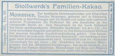 1908 Stollwerck Album 10 Gruppe 451 Beruhmte Forscher, Gelehrte und Politiker (Great Scientists, Scholars, and Politicians)  #IV Mommsen Back