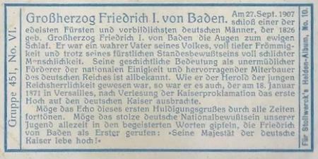 1908 Stollwerck Album 10 Gruppe 451 Beruhmte Forscher, Gelehrte und Politiker (Great Scientists, Scholars, and Politicians)  #VI Grossherzog Friedrich I von Baden Back