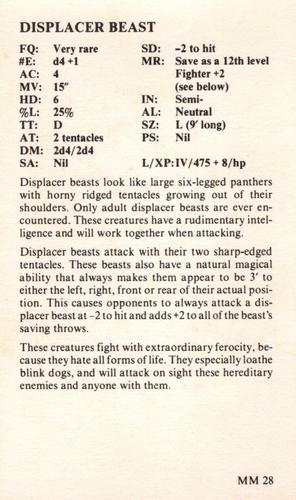1982 TSR Advanced Dungeons & Dragons Monsters Set 1 #NNO Displacer Beast Back