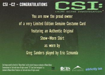 2004 Strictly Ink CSI Series 2 - Costume Relics #CSI-C2 Eric Szmanda Back