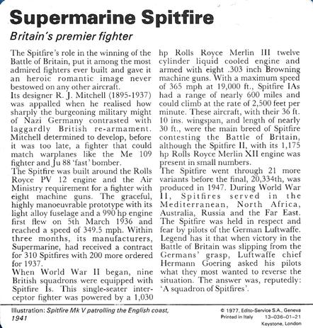 1977 Edito-Service World War II - Deck 01 #13-036-01-21 Supermarine Spitfire Back