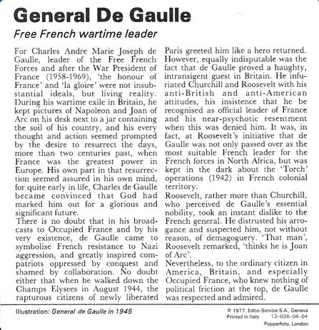 1977 Edito-Service World War II - Deck 04 #13-036-04-04 General De Gaulle Back