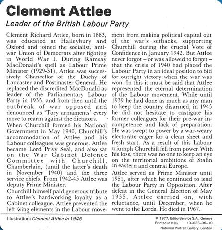 1977 Edito-Service World War II - Deck 06 #13-036-06-10 Clemente Attlee Back