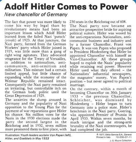 1977 Edito-Service World War II - Deck 07 #13-036-07-11 Adolf Hitler Comes to Power Back
