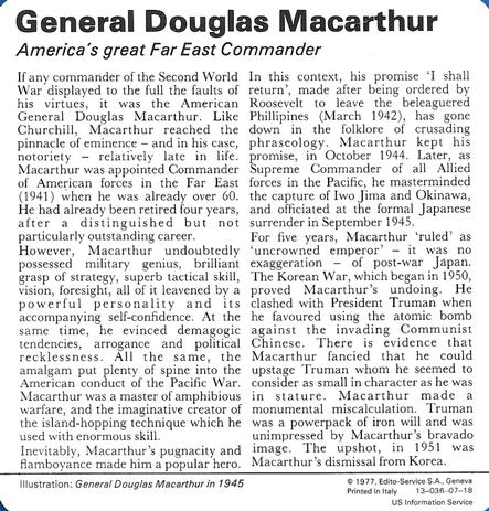 1977 Edito-Service World War II - Deck 07 #13-036-07-18 General Douglas MacArthur Back