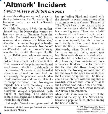 1977 Edito-Service World War II - Deck 07 #13-036-07-09 'Altmark' Incident Back
