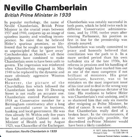 1977 Edito-Service World War II - Deck 08 #13-036-08-16 Neville Chamberlain Back
