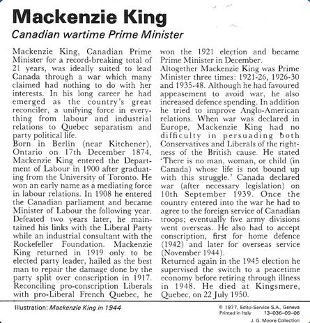 1977 Edito-Service World War II - Deck 09 #13-036-09-06 Mackenzie King Back