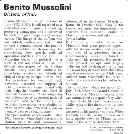 1977 Edito-Service World War II - Deck 10 #13-036-10-08 Benito Mussolini Back