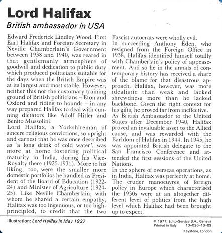 1977 Edito-Service World War II - Deck 10 #13-036-10-09 Lord Halifax Back