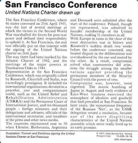 1977 Edito-Service World War II - Deck 10 #13-036-10-18 San Francisco Conference Back