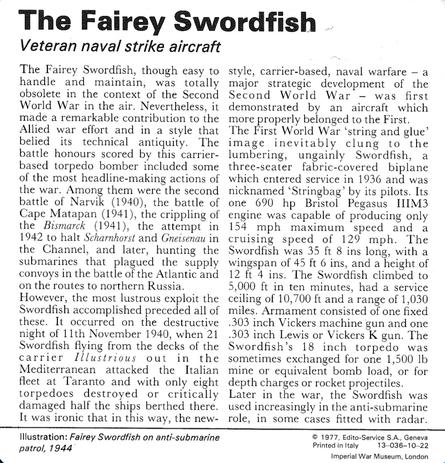 1977 Edito-Service World War II - Deck 10 #13-036-10-22 The Fairey Swordfish Back