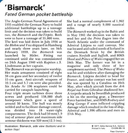 1977 Edito-Service World War II - Deck 88 #13-036-88-18 'Bismarck' Back