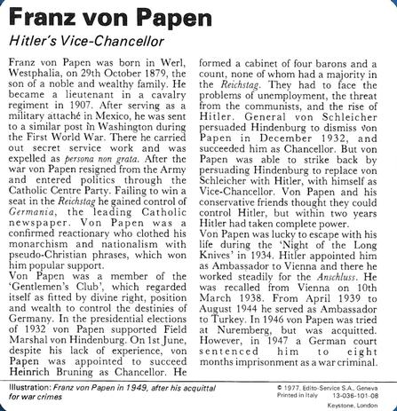 1977 Edito-Service World War II - Deck 101 #13-036-101-08 Franz von Papen Back