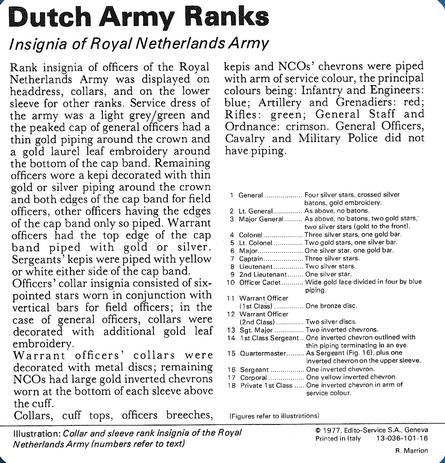 1977 Edito-Service World War II - Deck 101 #13-036-101-16 Dutch Army Ranks Back