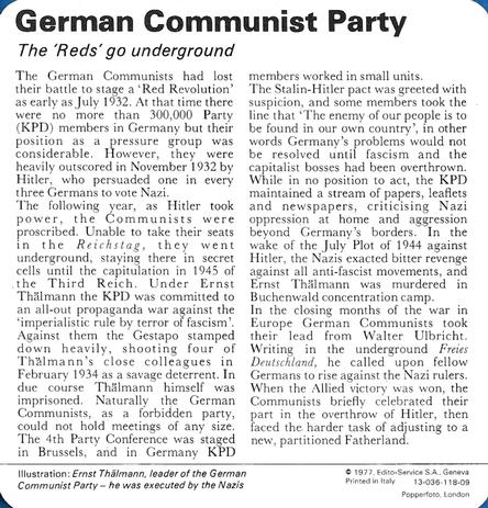 1977 Edito-Service World War II - Deck 118 #13-036-118-09 German Communist Party Back