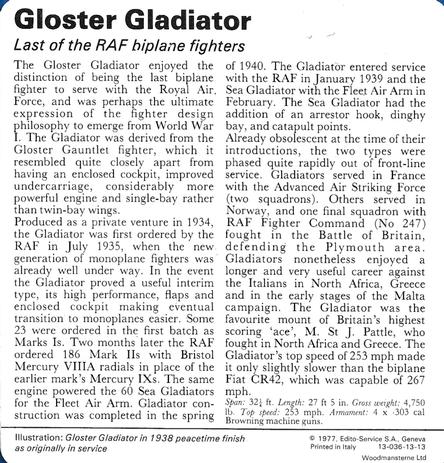 1977 Edito-Service World War II - Deck 13 #13-036-13-13 Gloster Gladiator Back