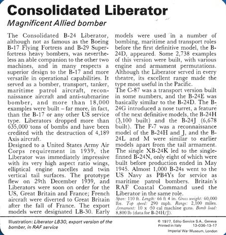 1977 Edito-Service World War II - Deck 13 #13-036-13-17 Consolidated Liberator Back