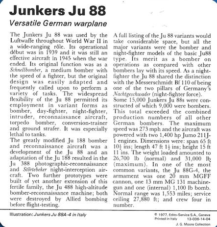 1977 Edito-Service World War II - Deck 14 #13-036-14-04 Junkers Ju 88 Back