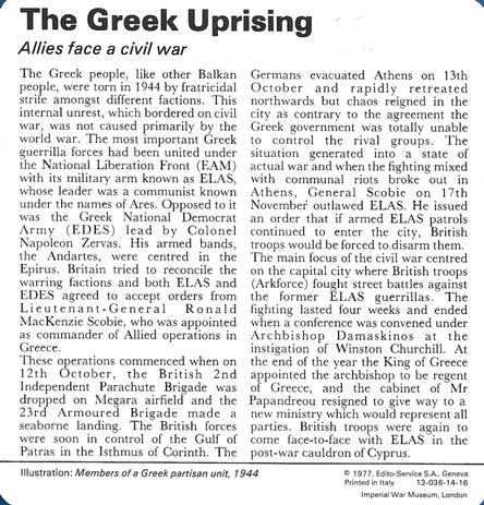 1977 Edito-Service World War II - Deck 14 #13-036-14-16 The Greek Uprising Back