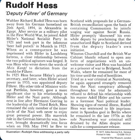 1977 Edito-Service World War II - Deck 15 #13-036-15-21 Rudolf Hess Back