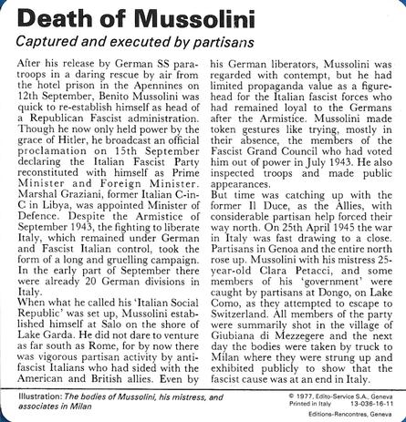 1977 Edito-Service World War II - Deck 16 #13-036-16-11 Death of Mussolini Back