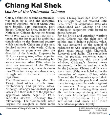 1977 Edito-Service World War II - Deck 16 #13-036-16-20 Chiang Kai Shek Back