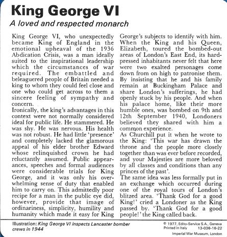 1977 Edito-Service World War II - Deck 16 #13-036-16-22 King George VI Back