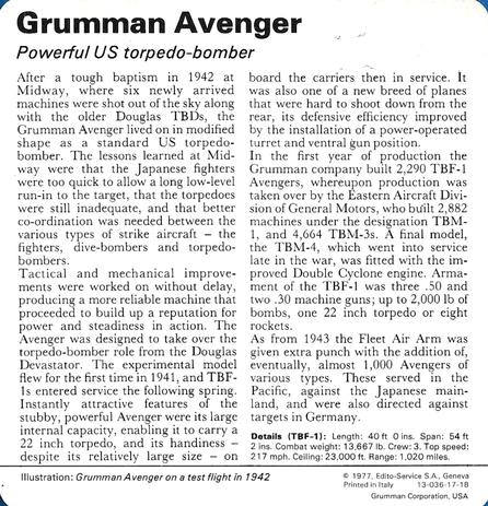 1977 Edito-Service World War II - Deck 17 #13-036-17-18 Grumman Avenger Back