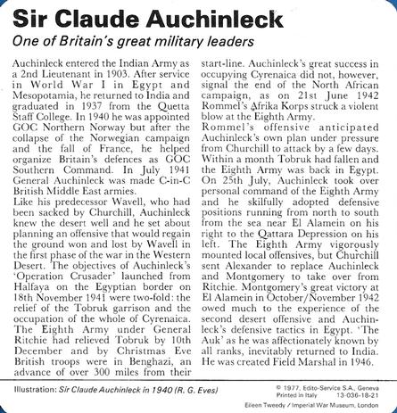 1977 Edito-Service World War II - Deck 18 #13-036-18-21 Sir Claude Auchinleck Back