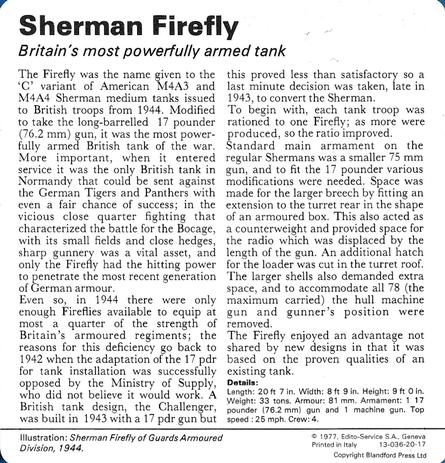 1977 Edito-Service World War II - Deck 20 #13-036-20-17 Sherman Firefly Back