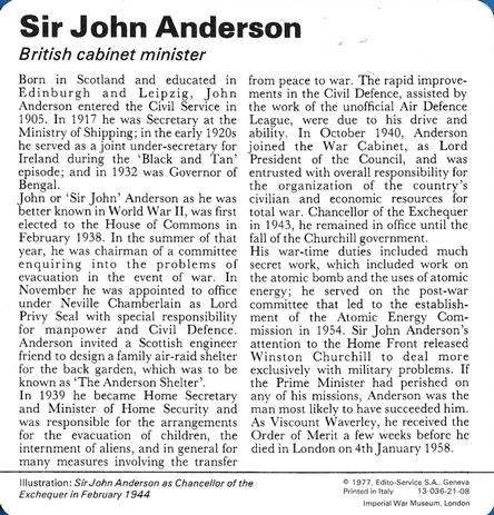 1977 Edito-Service World War II - Deck 21 #13-036-21-08 Sir John Anderson Back