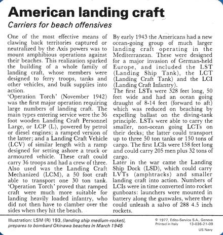 1977 Edito-Service World War II - Deck 21 #13-036-21-09 American landing craft Back