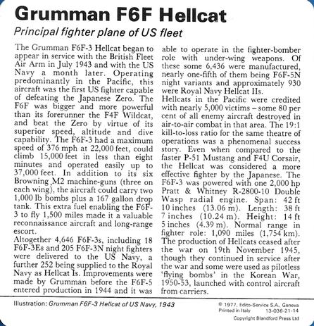 1977 Edito-Service World War II - Deck 21 #13-036-21-14 Grumman F6F Hellcat Back